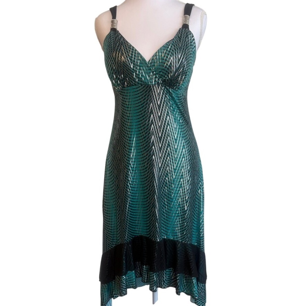 Vtg Y2K‎ 90s Gidani Babydoll Dress Med Teal/Blk/Silver Babydoll Maximalism